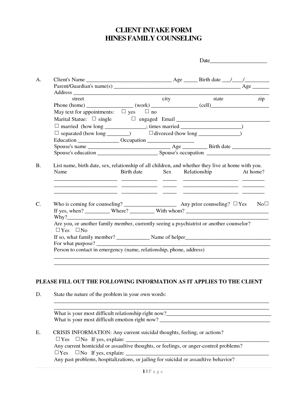 counseling intake form template