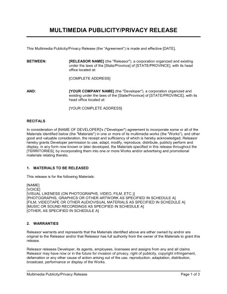 Publicity Release form Template Multimedia Publicity Privacy Release Template Sample