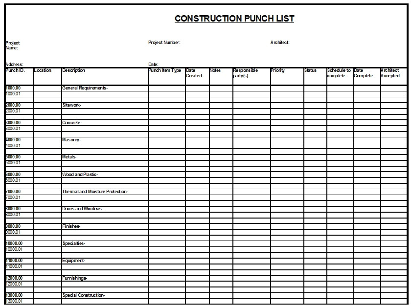 construction punch list templates
