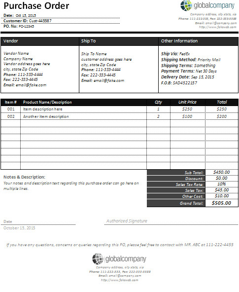 sample purchase order form