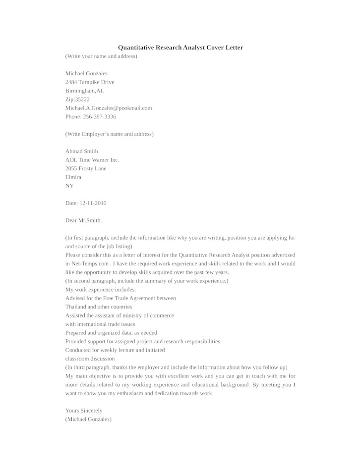 basic quantitative research analyst cover letter samples templates