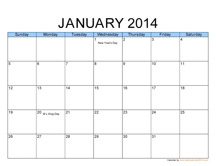 free printable 2014 monthly calendar template