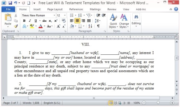 free last will and testament template for word