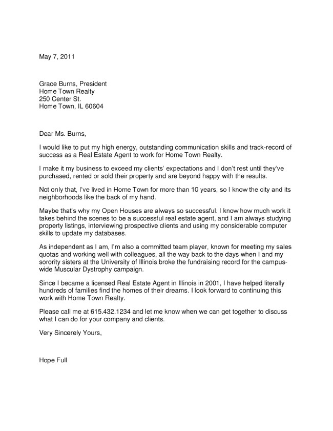 Real Cover Letters that Worked Real Estate Agent Cover Letter