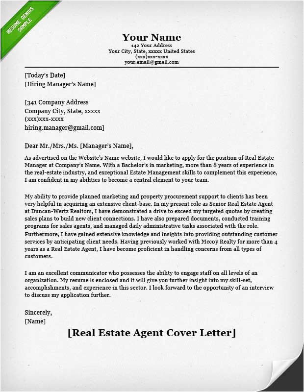 real estate agent cover letter sample