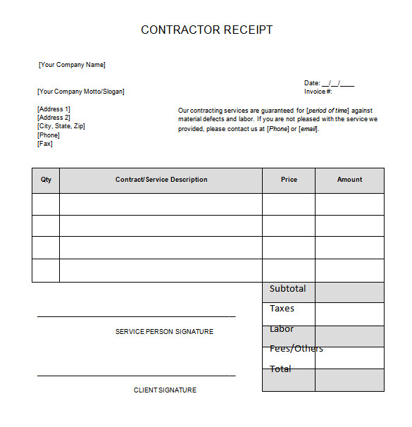 Receipt for Labor Template 16 Contractor Receipt Templates Doc Excel Pdf Free
