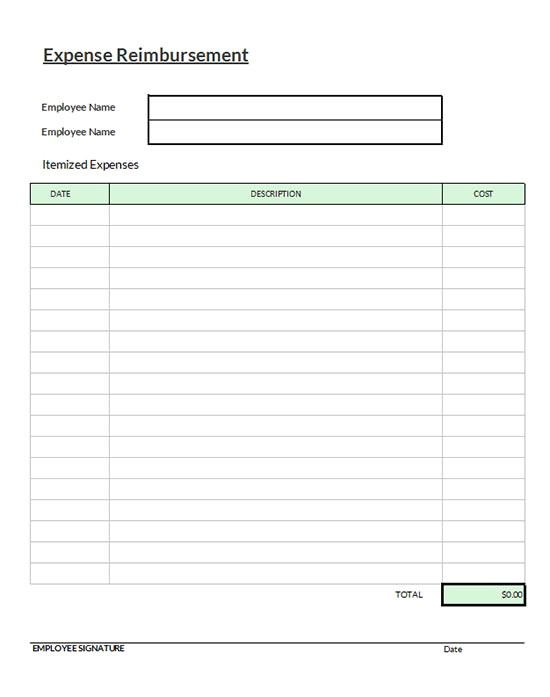 blank and easy to use employee expense reimbursement request template and form