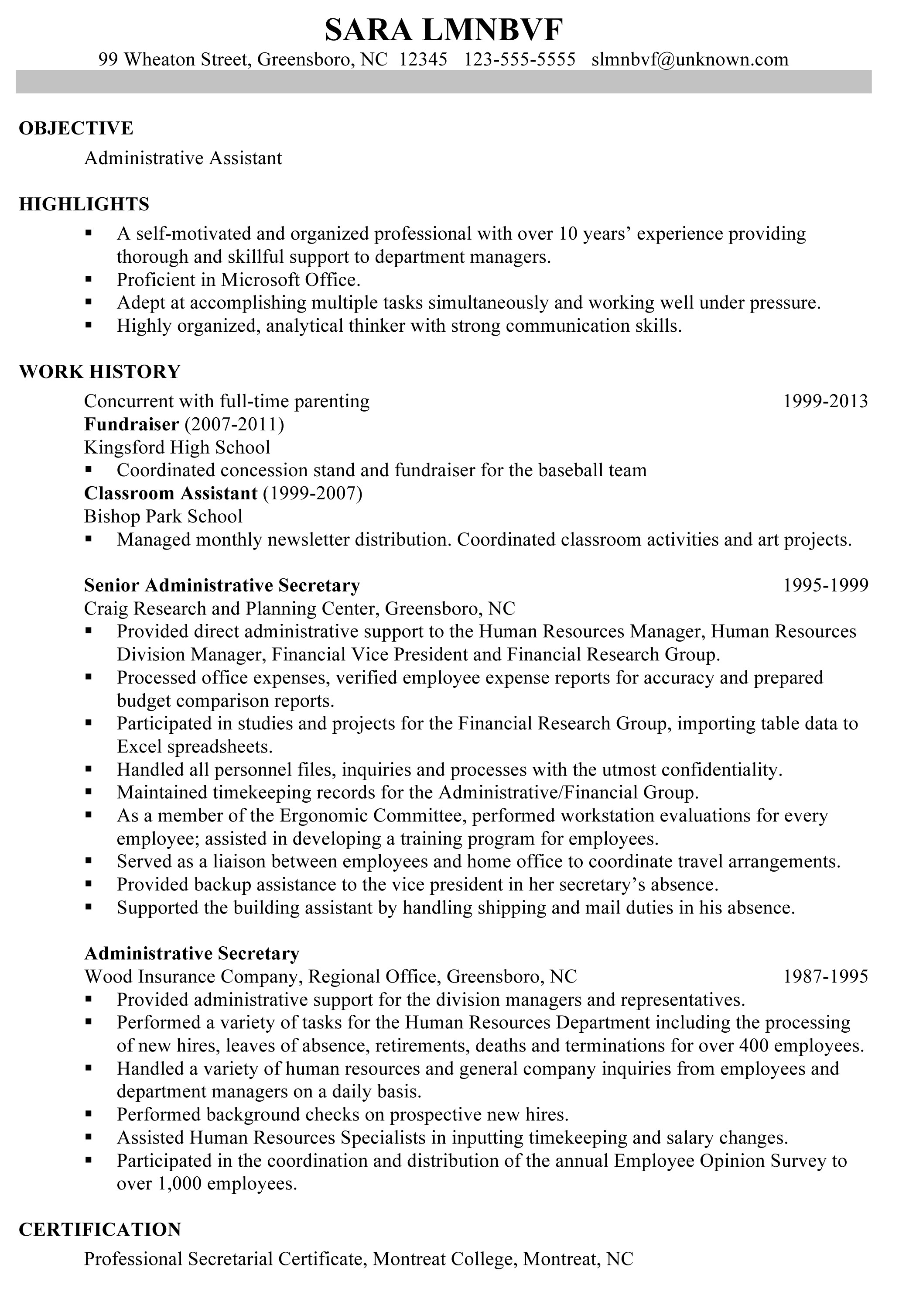 chronological resume sample administrative assistant