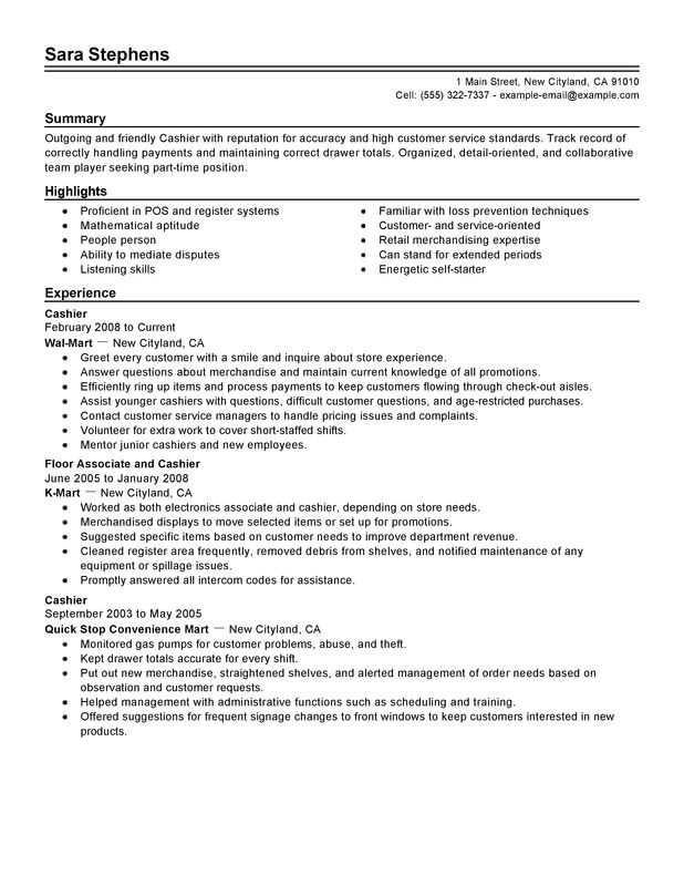 part time cashiers resume sample