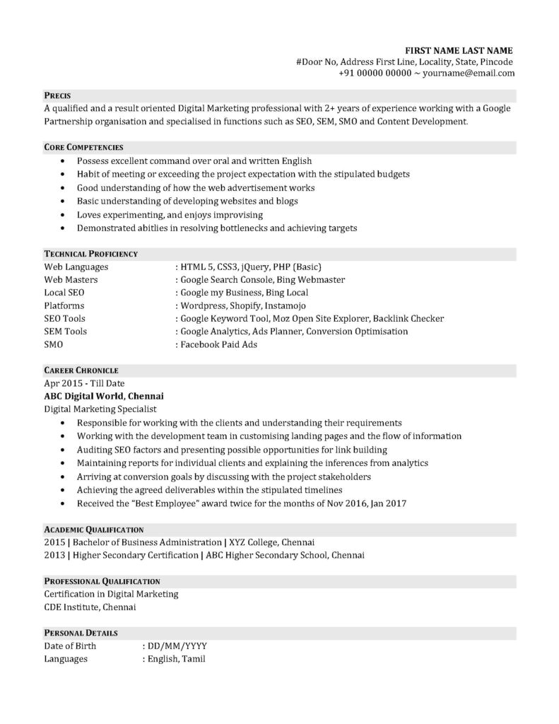 resume format entry level digital marketing professional