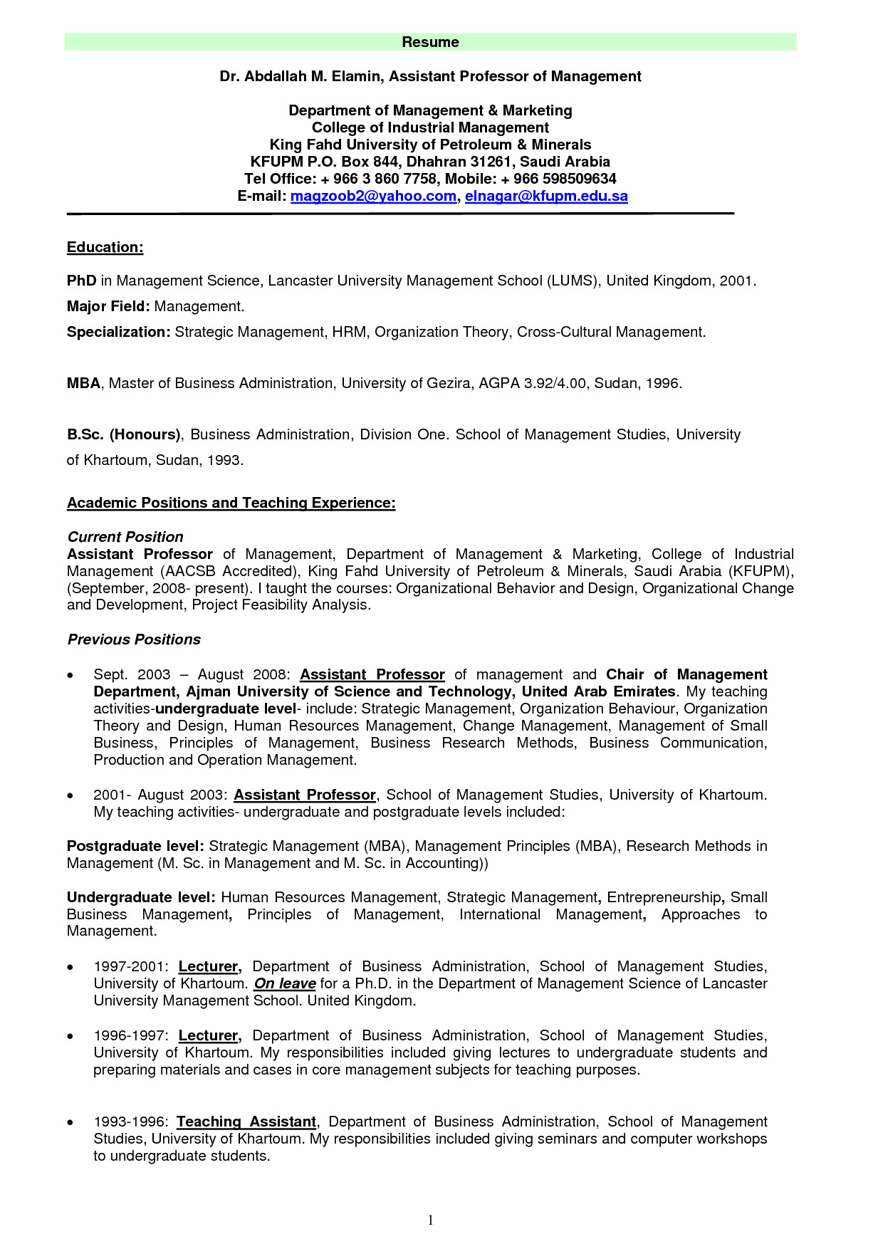 sample resume for adjunct professor position
