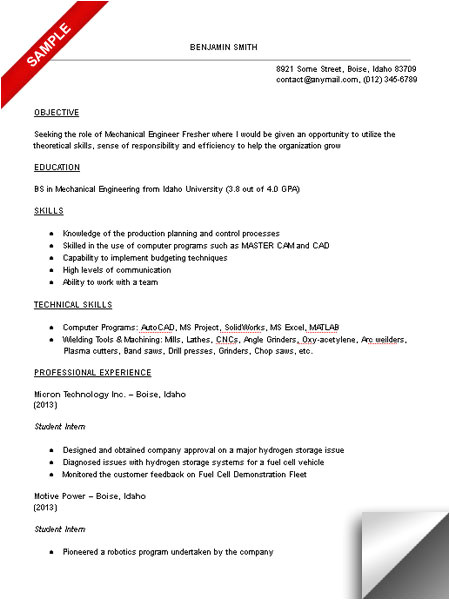 Resume Samples for Mechanical Engineering Students Mechanical Engineering Student Resume Sample