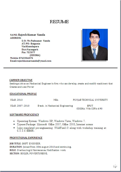 resume format for mechanical engineering students