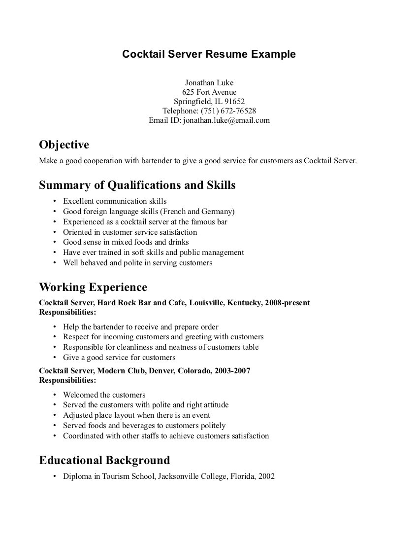 catering server resume job description for servers restaurant cv objective cocktail resume