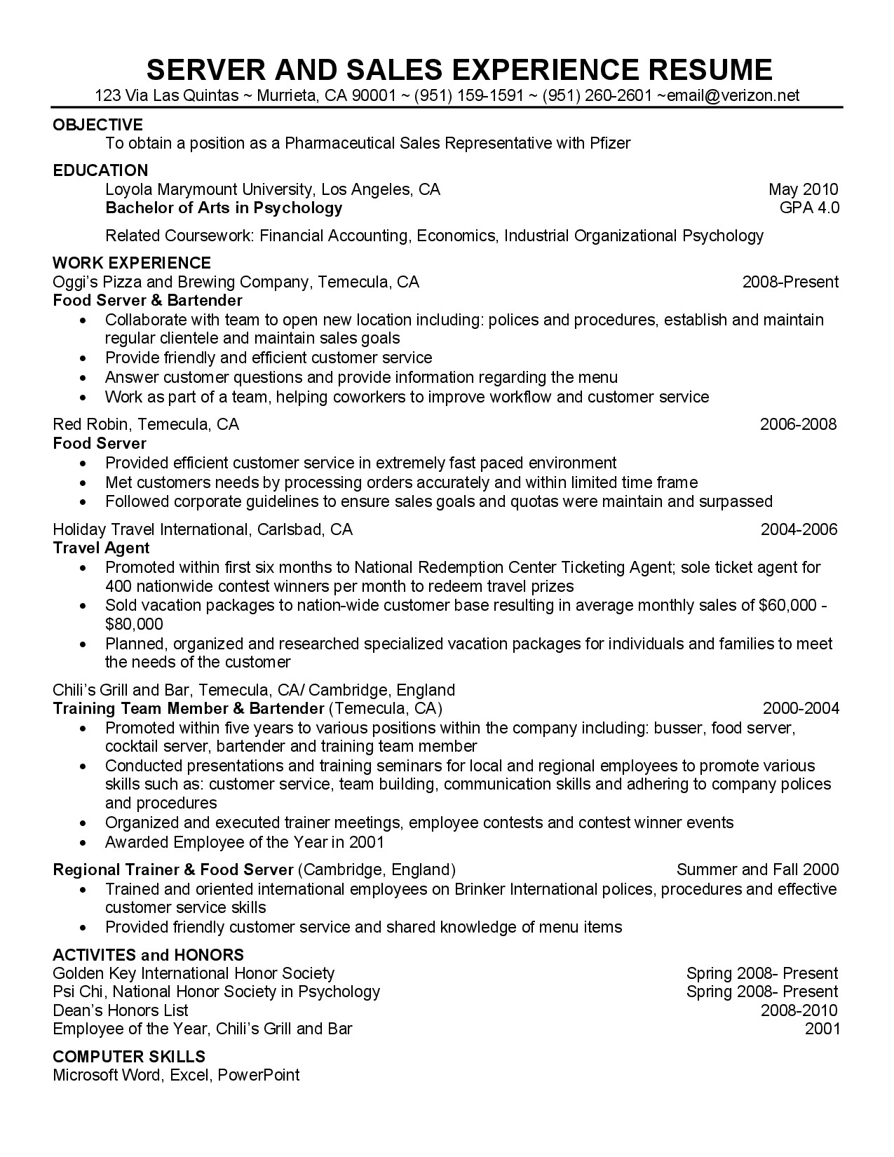 Resume Samples for Server Position Sample Resume for Cocktail Waitress Job Position