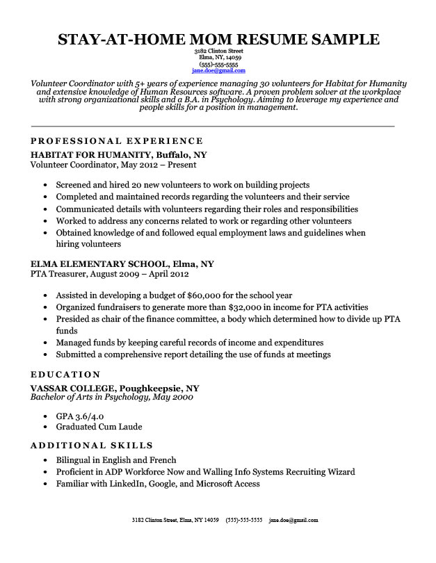 Resume Samples for Stay at Home Moms Stay at Home Mom Resume Sample Writing Tips Resume