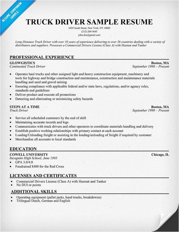sample resume for cdl truck drivers