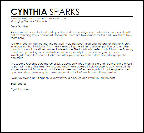 Returning to Work after Maternity Leave Cover Letter Resignation Letter Example after Maternity Leave Letter