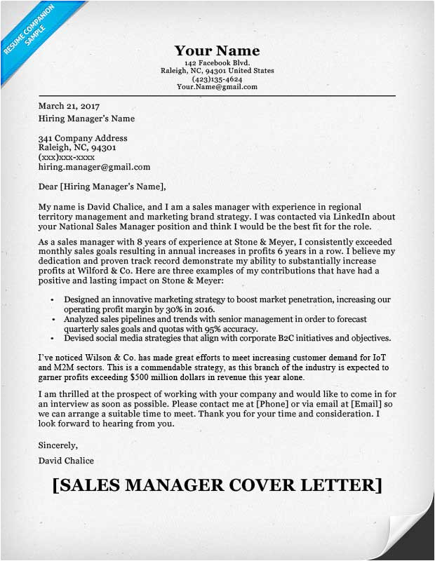 sales manager cover letter sample
