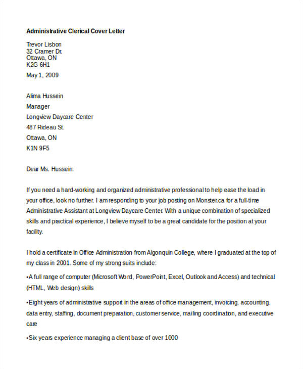 Sample Cover Letter for Clerical assistant 10 Clerical Cover Letter Templates Free Sample Example