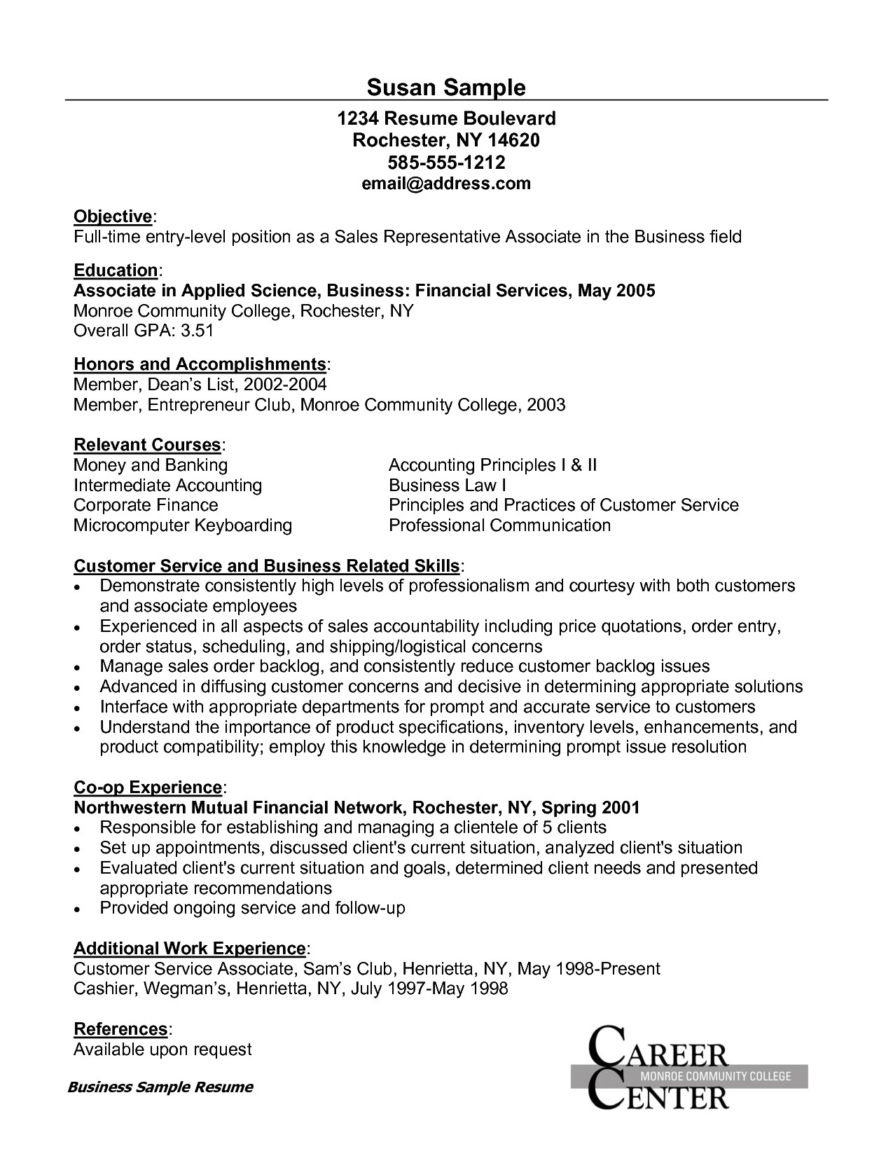 sample resume for customer service associate