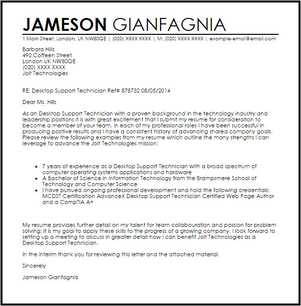Sample Cover Letter for Desktop Support Technician Desktop Support Technician Cover Letter Sample Cover