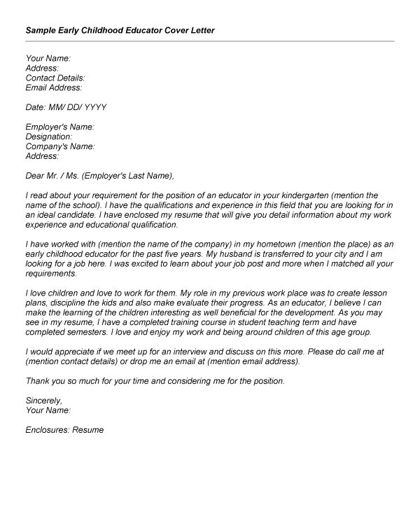 Sample Cover Letter for Early Childhood Educator Early Childhood Educator Cover Letter Letter Of