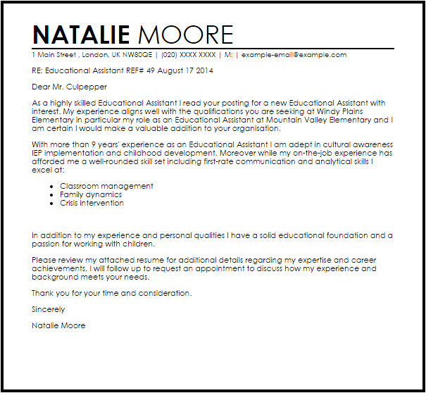 Sample Cover Letter for Educational assistant Educational assistant Cover Letter Sample Cover Letter