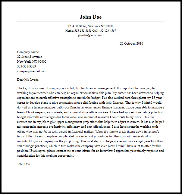 Sample Cover Letter for Finance and Administration Manager Professional Finance Manager Cover Letter Sample Writing