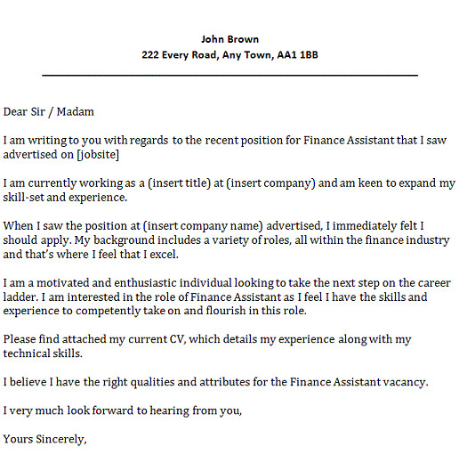 finance assistant cover letter
