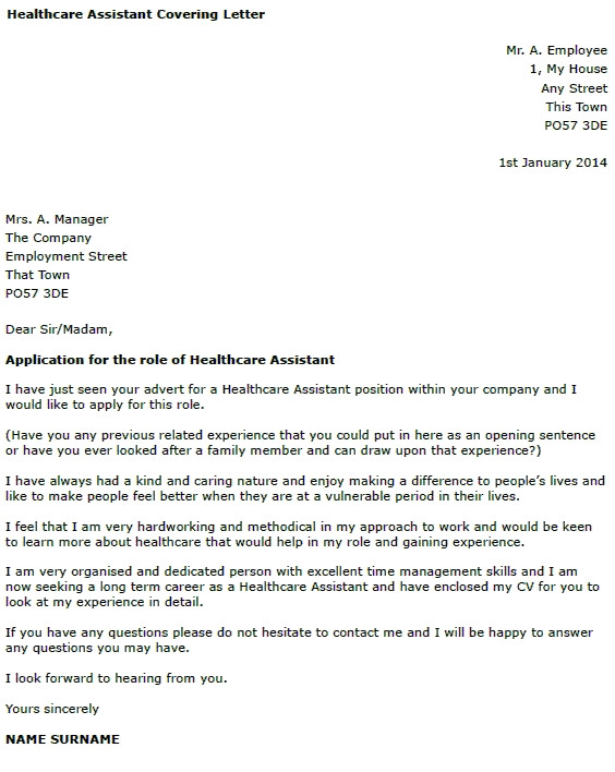 covering letter for health care assistant