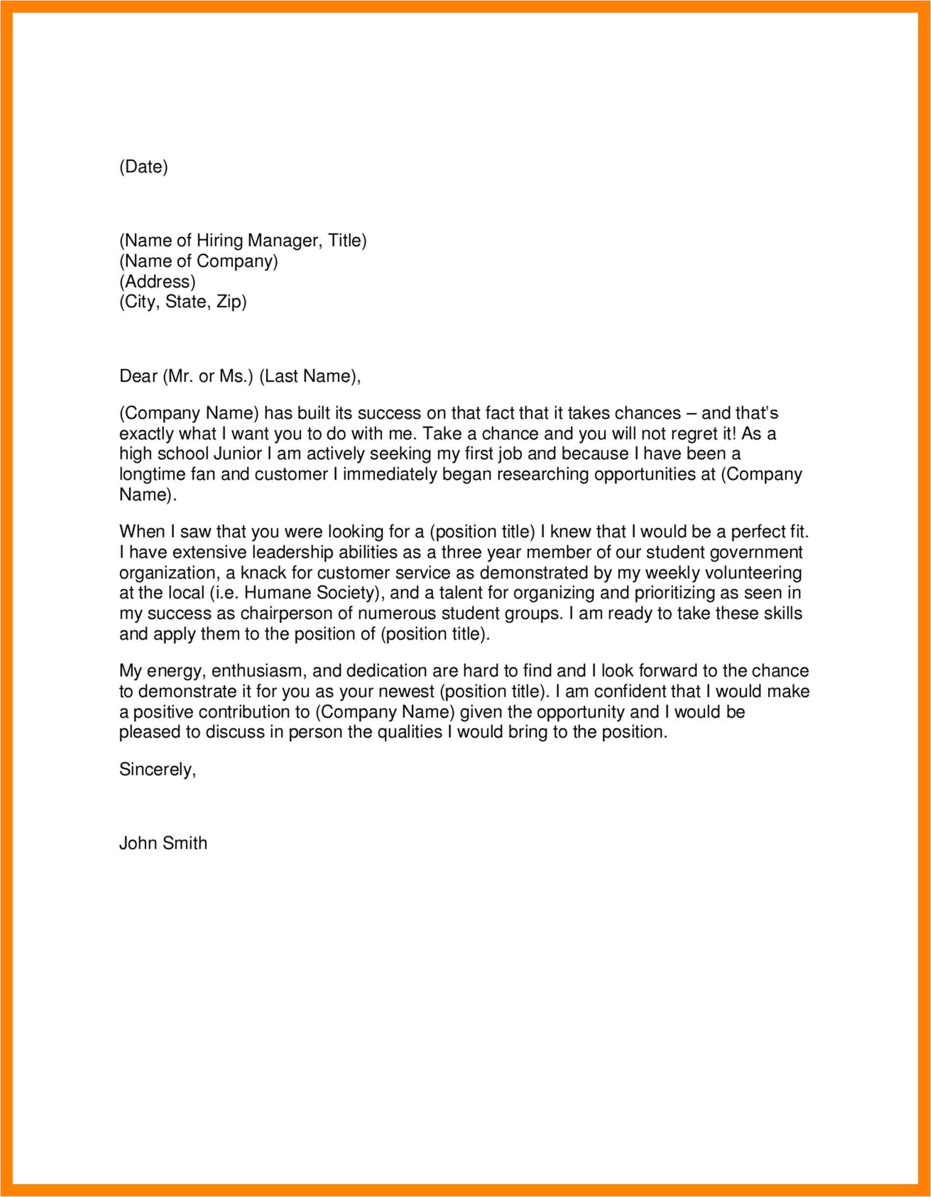 high school student cover letter template