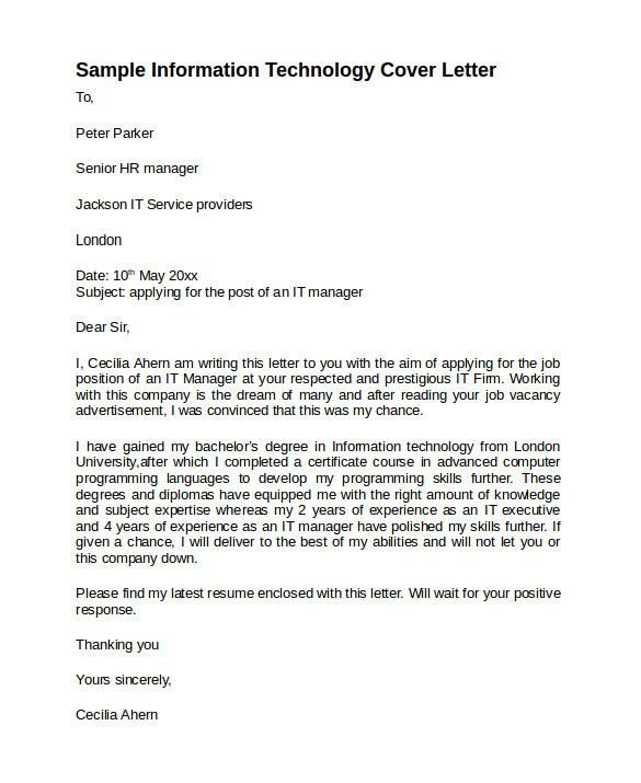 Sample Cover Letter for Information Technology Job 8 Information Technology Cover Letter Templates to