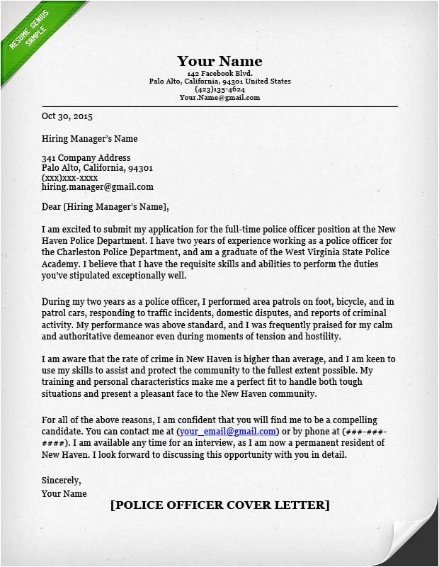 Sample Cover Letter for Police Officer with No Experience Police Officer Cover Letter Writing Guide Resume Genius