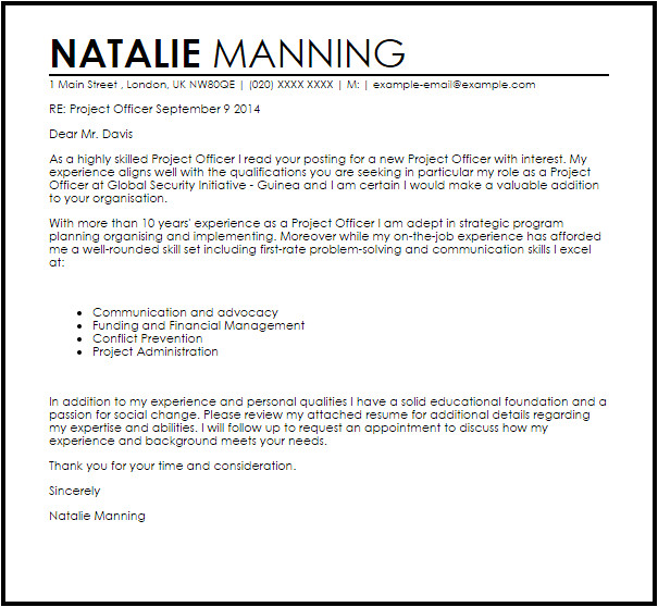 Sample Cover Letter for Project Officer Project Officer Cover Letter Sample Livecareer