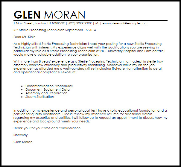 Sample Cover Letter for Sterile Processing Technician Sterile Processing Technician Cover Letter Sample Cover