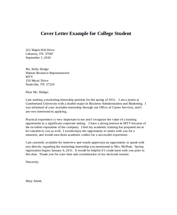 sample cover letter for student placement
