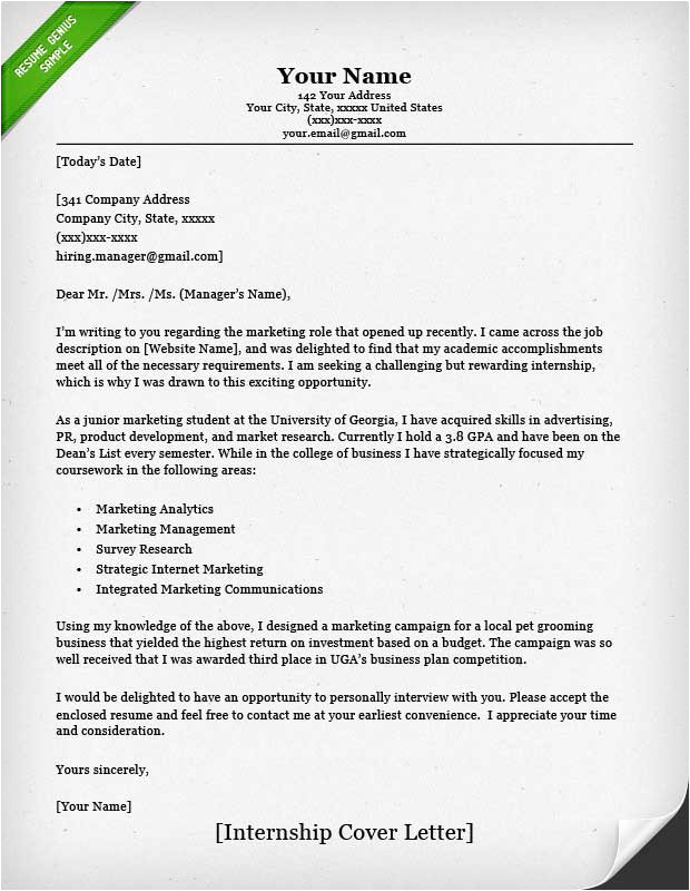 Sample Of A Cover Letter for An Internship Internship Cover Letter Sample Resume Genius