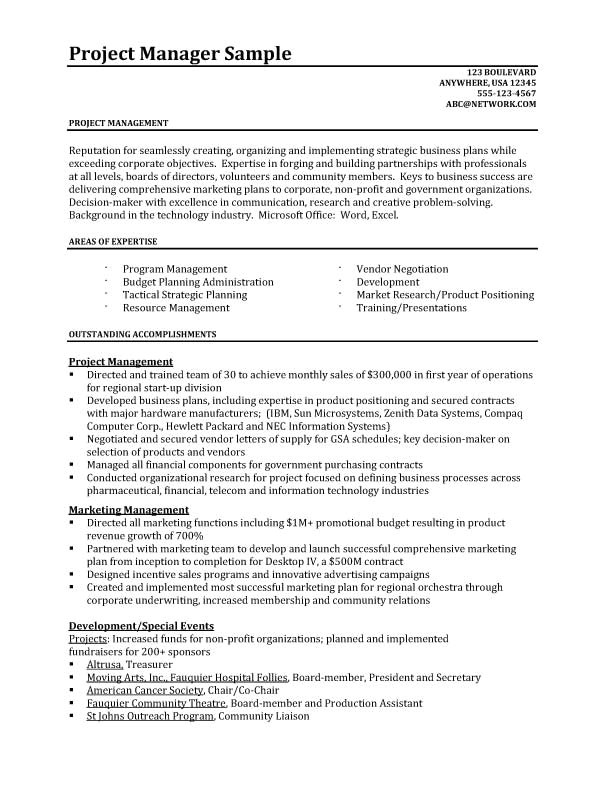 sample resumes for project managers