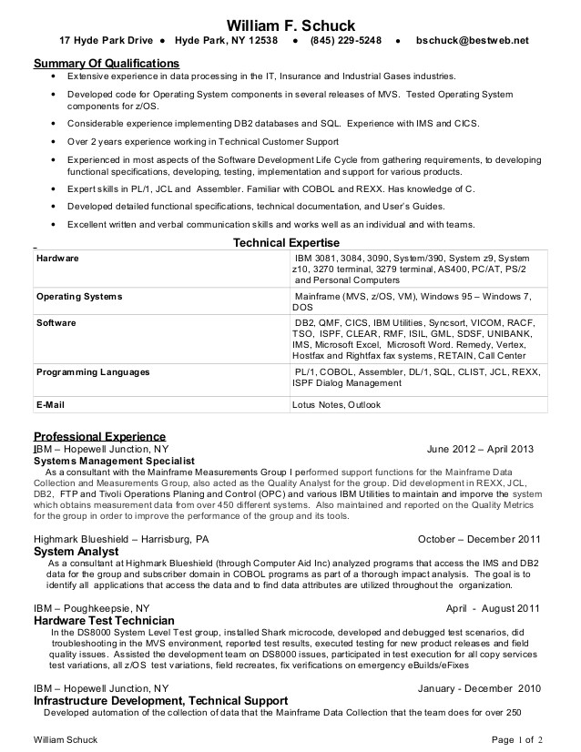 bill schuck mainframe programmer 2013 resume