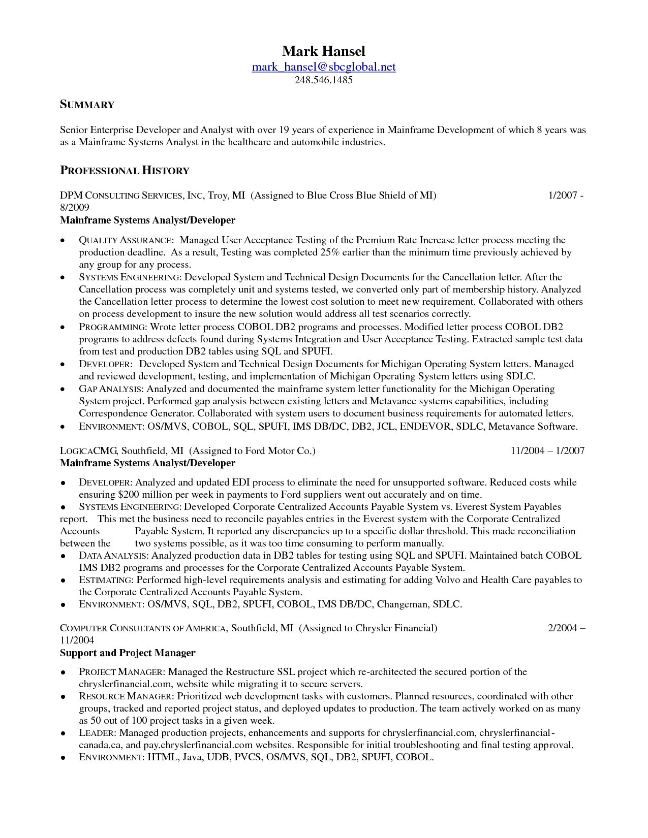 sample resume for experienced mainframe developer
