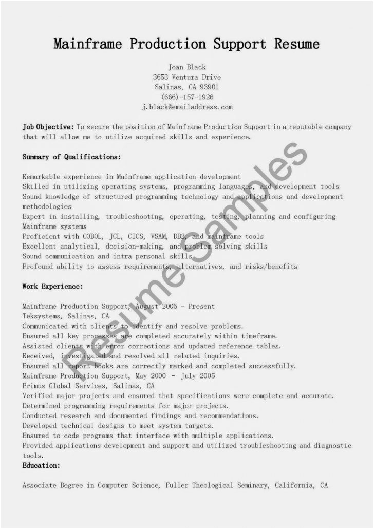 sample resume for mainframe production support