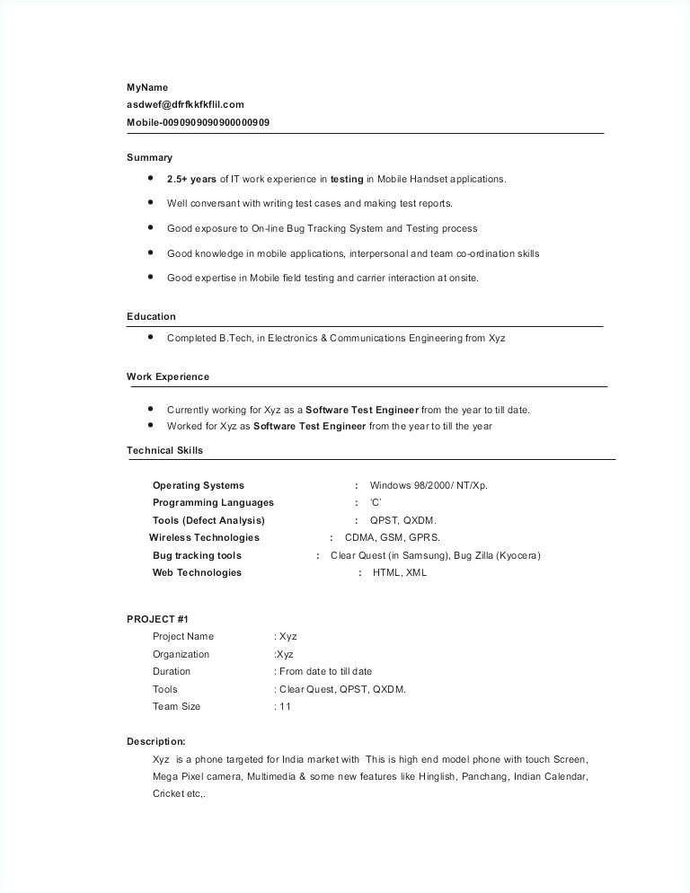 1 year experience resume format for manual testing