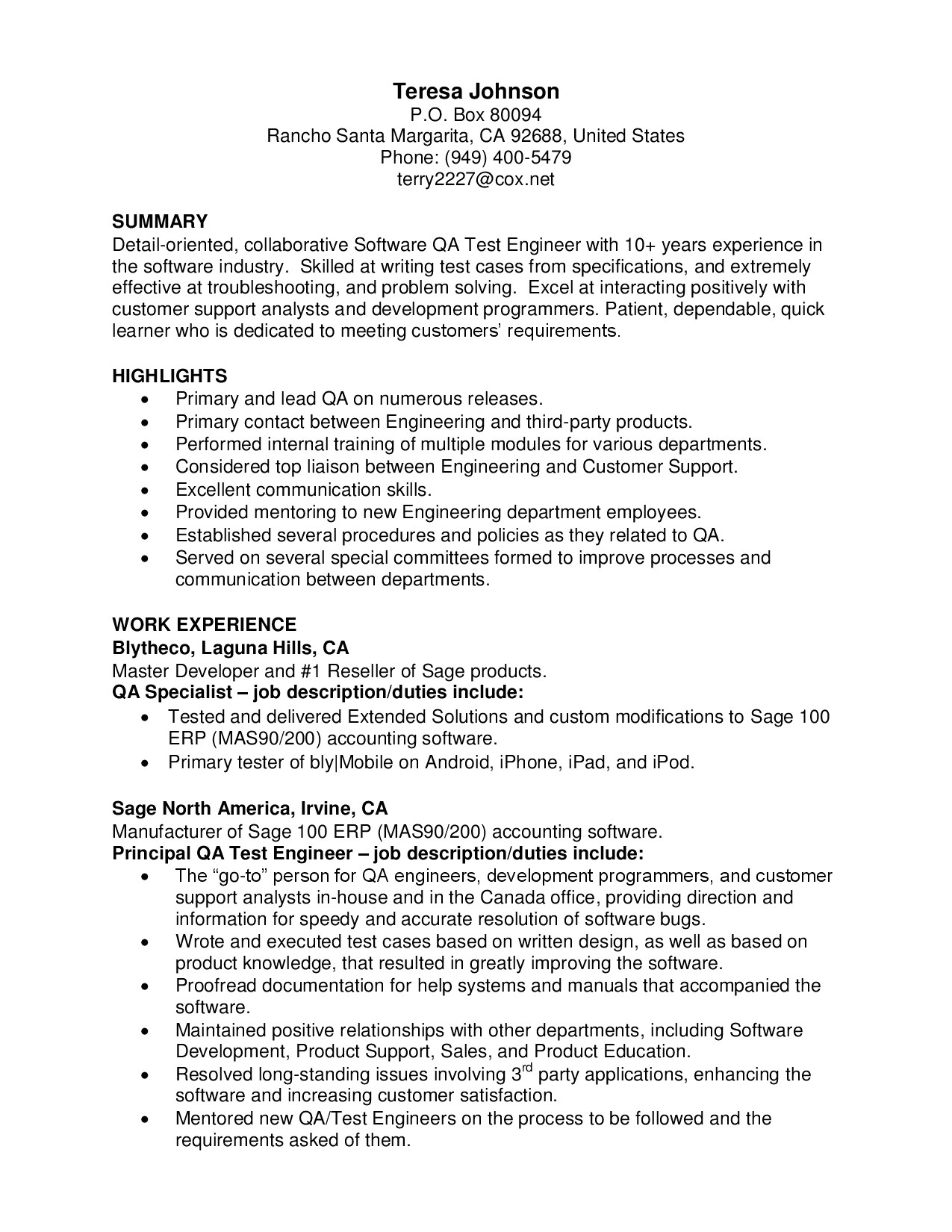 sample resume format for 2 years experience in testing