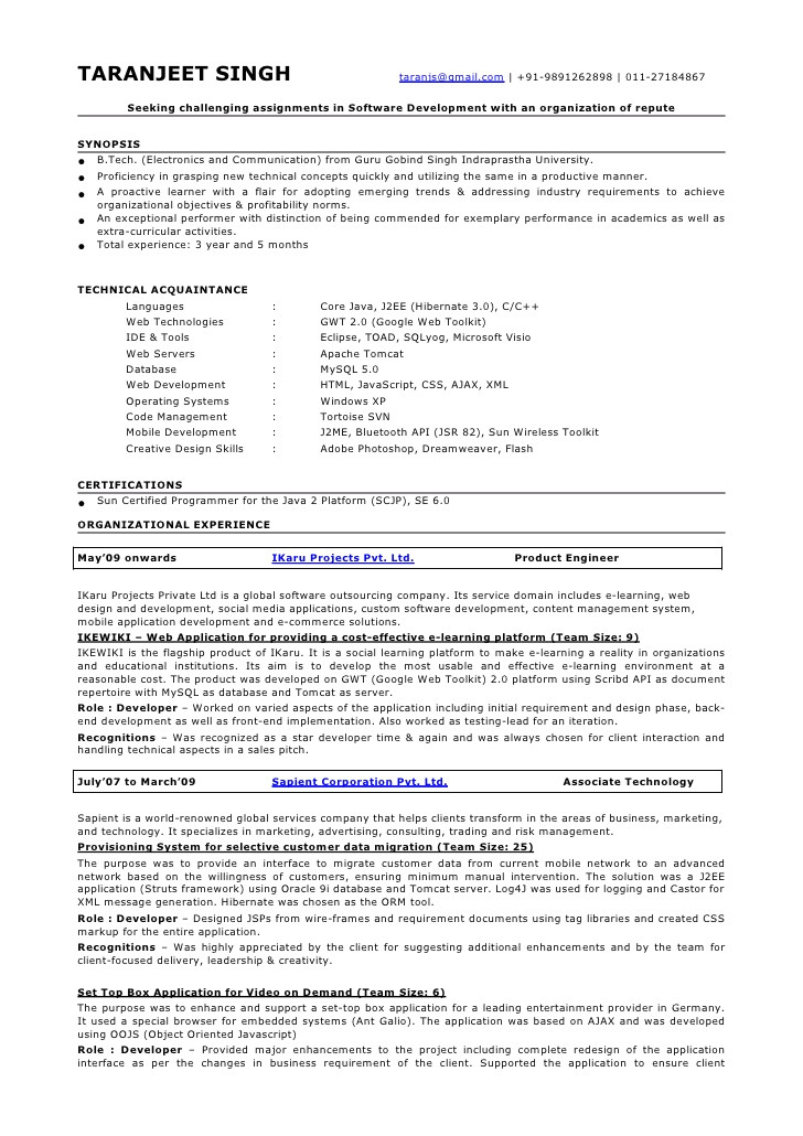 Sample Resume for 2 Years Experienced Java Developer Resume Taranjeet Singh 3 5 Years Java J2ee Gwt