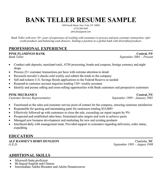 bank teller resume