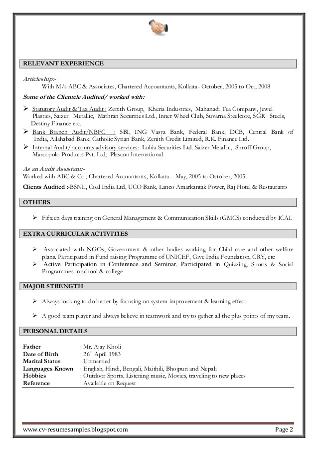 excellent work experience professional chartered accountant resume sample