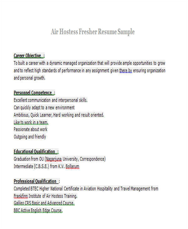 Sample Resume for Air Hostess Fresher 42 Professional Fresher Resumes Sample Templates