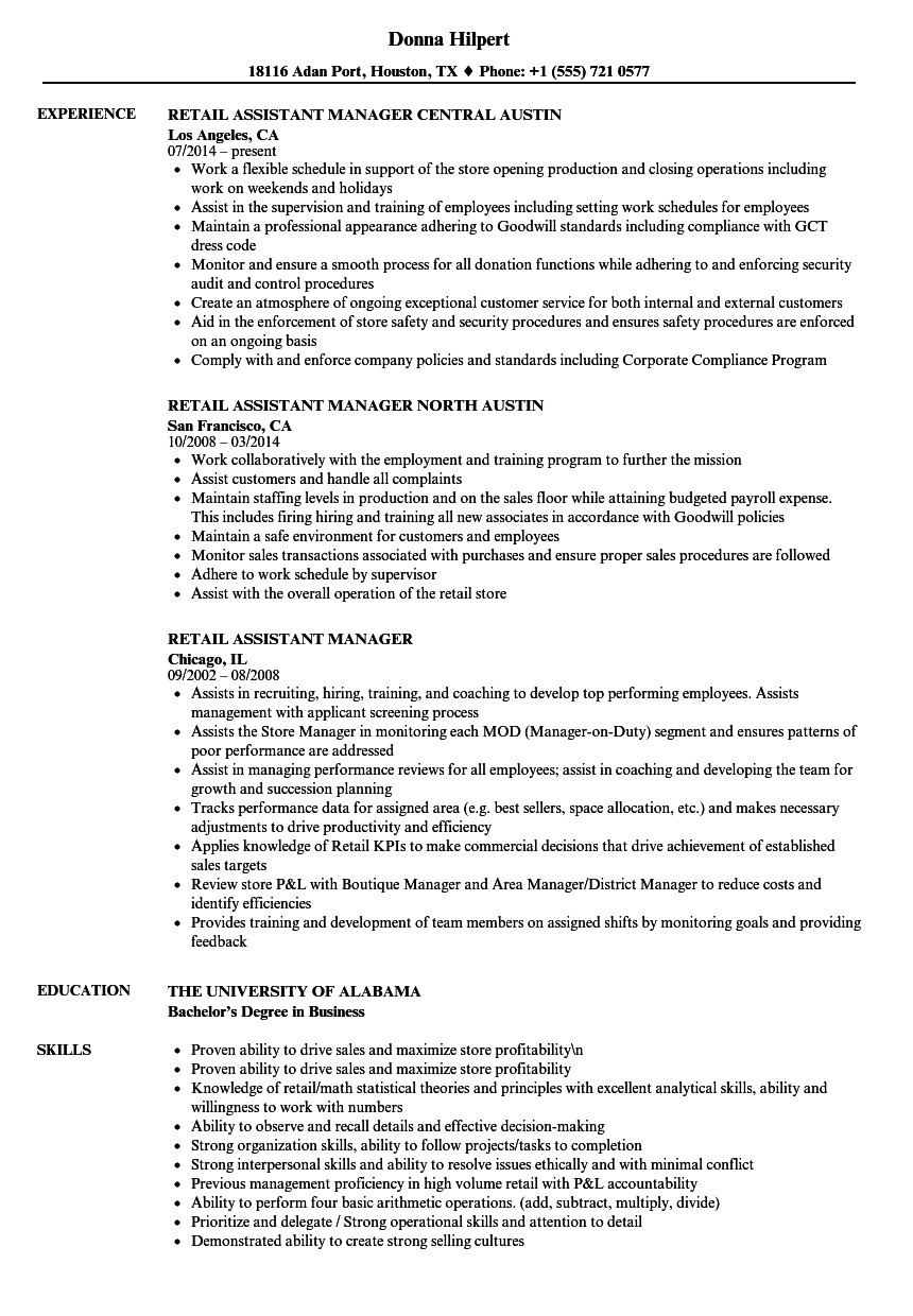 retail assistant manager resume sample