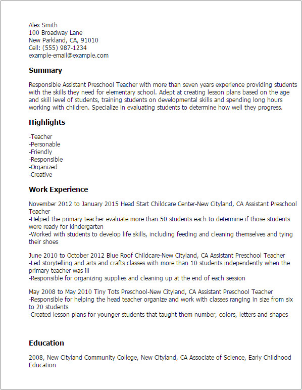 Sample Resume for assistant Teacher In Preschools 1 assistant Preschool Teacher Resume Templates Try them